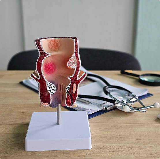 A friendly medical staff member in blue scrubs sitting at a desk in the Irvine office of California Hemorrhoid Institute, ready to assist with patient questions.
